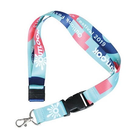 LANYARD SULFO SUBLIMACIÓN 15 X 450 MM ENGANCHE METÁLICO + CLICK CLACK + CIERRE SEGURIDAD