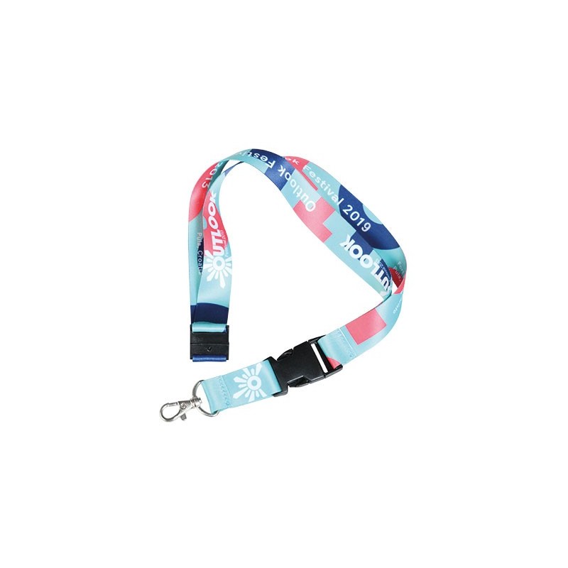 LANYARD SULFO SUBLIMACIÓN 25 X 450 MM ENGANCHE METÁLICO + CLICK CLACK + CIERRE SEGURIDAD